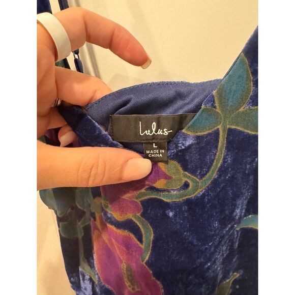 Lulus Evenings with You Blue Floral Asymmetrical Velvet Dress | L - Picture 4 of 6